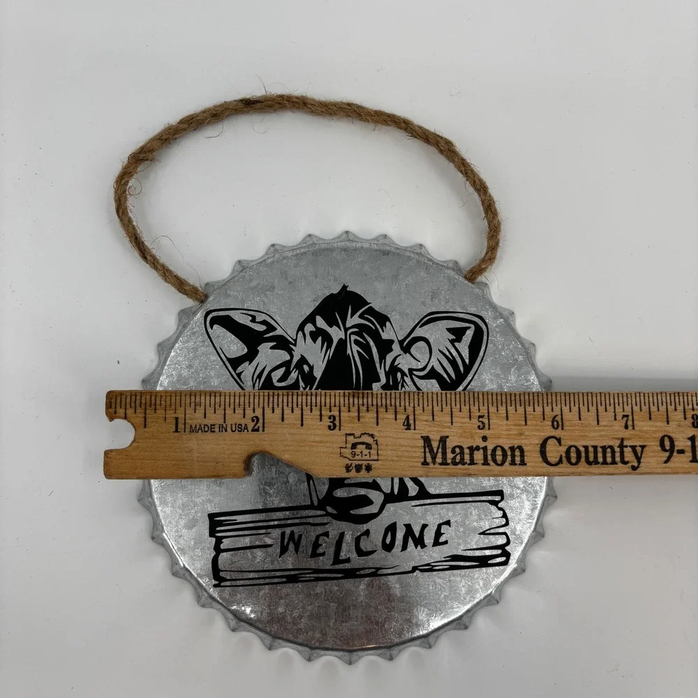 Welcome Sign Wall Decor OS Silver Galvanized‎ Metal Cow Bottle Cap Rustic New